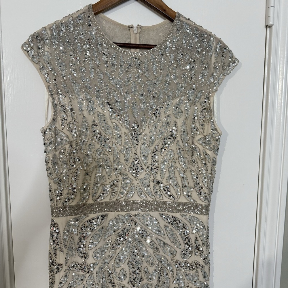 Mac Duggal Nude Silver Illusion Sheer Cap Sleeve Bead Sequin Belted Modest 5532 - Picture 5 of 16